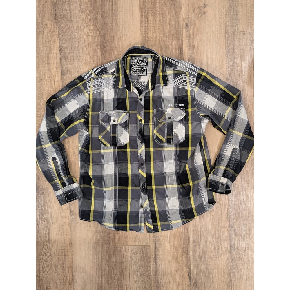 Affliction Black Premium Buckle Men's 2XL Plaid Western Shirt Embroidered Y2K